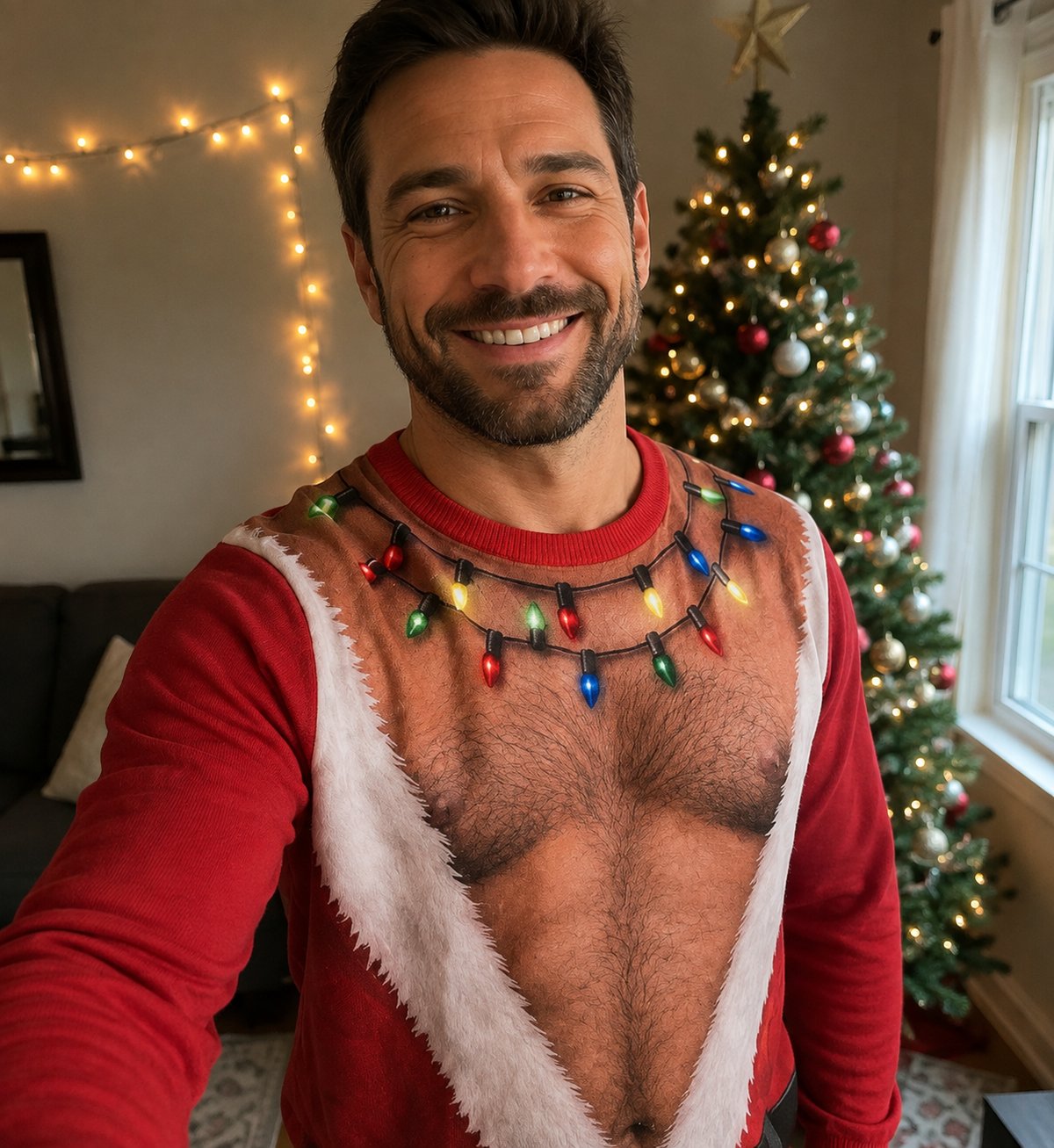 Customer wearing Santa Uncovered sweater by the Christmas tree