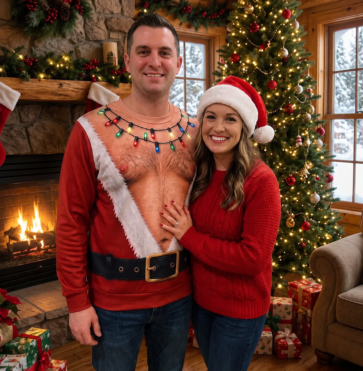 Couple posing by the fireplace in Santa Uncovered sweater
