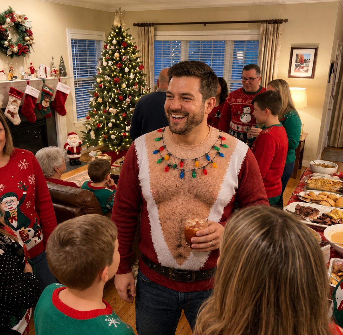 Santa Uncovered sweater at a family holiday party