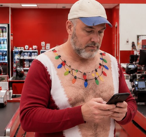 Customer wearing Santa Uncovered sweater while shopping